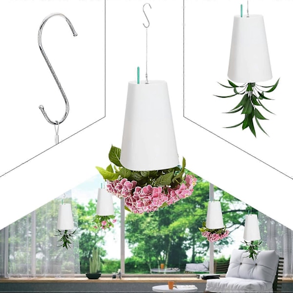 Opp-ned Blomsterpotte, Sky Planter, Hengepotte for Himmelplanter, Plantepotte med Vannlagringsdekorasjon for Hage Balkong Hjem (Hvit)