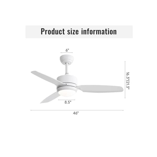 46 tommer loftventilator med lys, 3 ABS-blade, 6-trins DC-motor, hvid