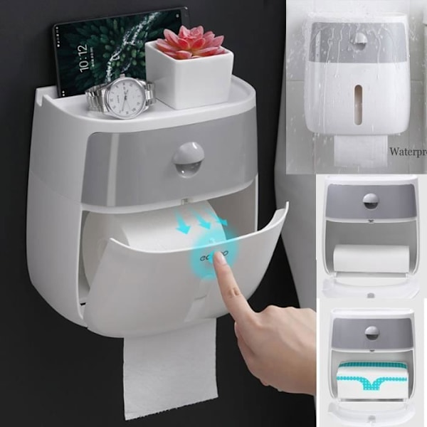 Vanntett Toalettpapirholder Stativ WC Baderom Dobbel Hylle Selvklebende Rullboks Veggmontert Dispenserfeste