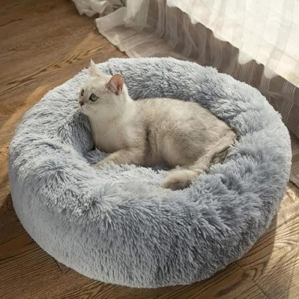 Rund Plys Kæledyrsseng Kattekurv Hus Madras Varm Hundeseng Kattegrus Egnet til Hvalpe Killing Lille Light gray Style 1