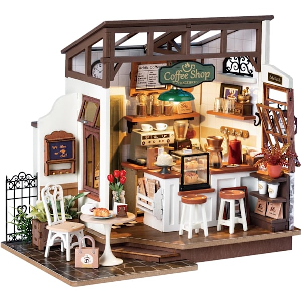 Dockskåp Café Miniatyr Trä Dockhus Kit med Möbler Träbyggsatser med LED-lampor för Flickor och Kvinnor