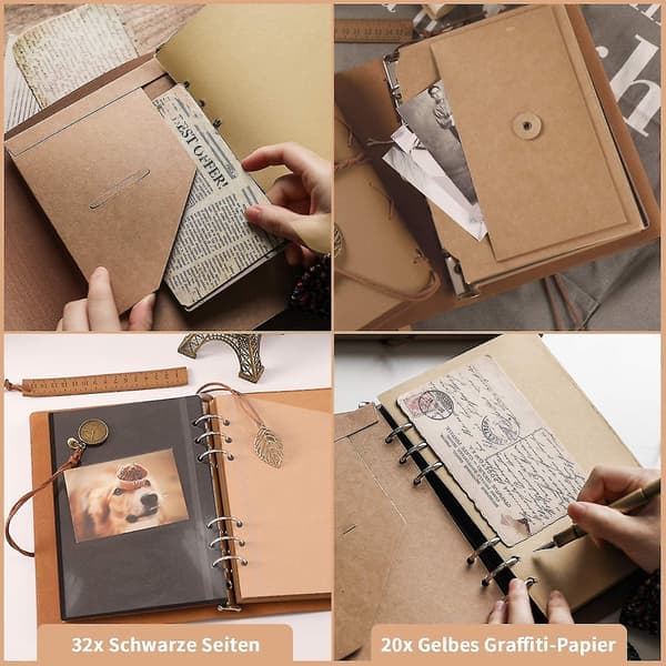 Fotoalbum til selvdesign, DIY scrapbog med ringbind, selvklæbende læderfotobog