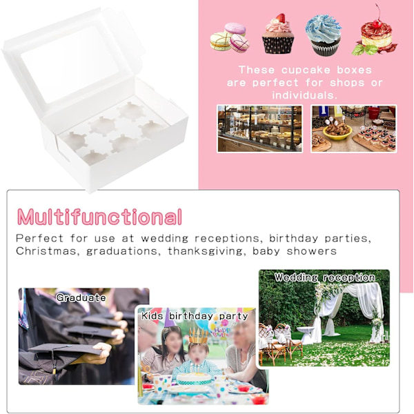 20 Styk Cupcake Æsker, 6 Huller med Vindue, Kager, Gaveæsker til Muffins, Kager, Kager, Desserter, Hvid