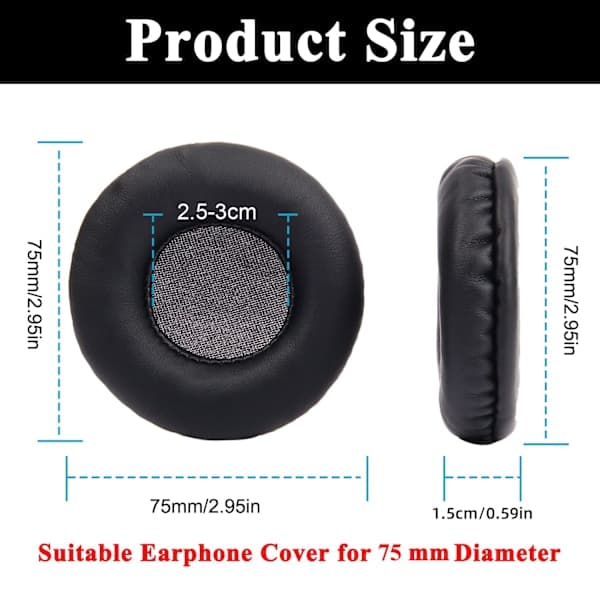 Runde øreputer 1 par 75 mm universelle erstatningshodetelefonputer (qb) 75 mm 75mm