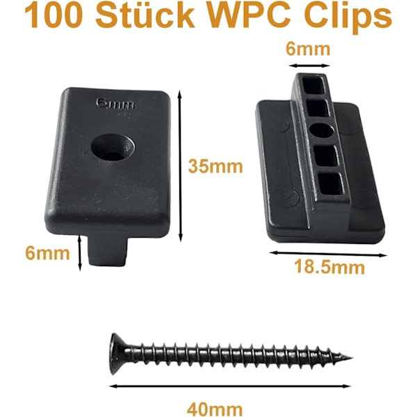 100 stk. WPC-klemmer, 6 mm plastikklemmer til WPC/BPC-lameller, skjult fastgørelse med T-klemme + skruer (sort)