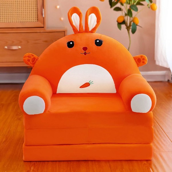 IQYU Stiftung Warentest Barnstol, fåtölj, soffa, kudde, plysch, hopfällbar, med ryggstöd, 2 i 1, hopfällbar barnsoffa, (AB, One Size) Raise your hand Orange Rabbit style