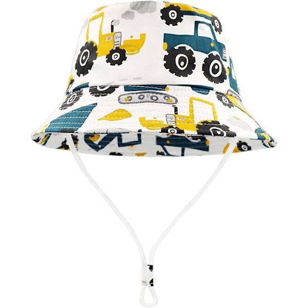 Baby Solhatt, Småbarn Bøttehatt, Sommerfiskehatter for Barn Gutter Jenter, Bredbremmet Strandhatt Dinosaur Fiskehatt med Hakestropp White Excavator