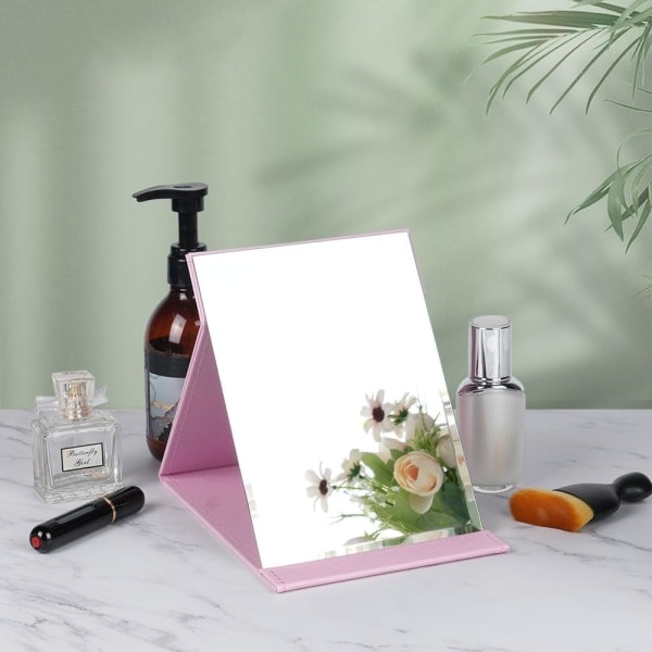 Fällbar PU-läder bordsmakeup spegel bärbar med stativ bärbar resespegel rosa 25*17,2 cm