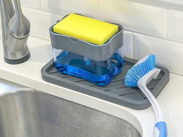 Oppvaskmiddeldispenser med svamp/svampholder og såpedispenser - Vaskorganisator med svamp