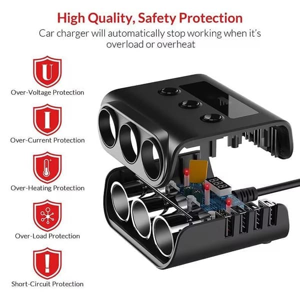 Cigarettænder splitter + 12V USB biloplader med afbryder og voltmeter – 3x cigaretstik – 4x USB – Biltilbehør
