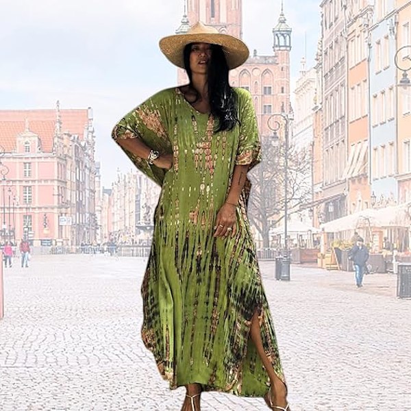 Kaftanklänning för kvinnor, lös lång kaftan i one size, kortärmad tunika kimono, vardagsbadkläder, strandbaddräkt, överdragskläder, loungewear-rockar