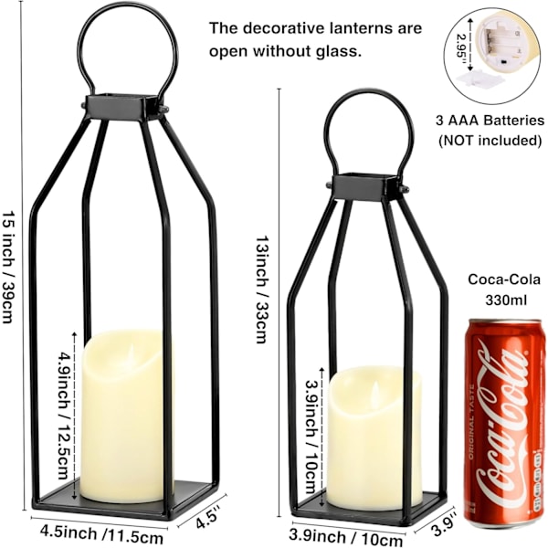 Modern Lantlykta i Bondgårdsstil, 15'' 13'' Set med 2 Svarta Metalllyktor, 2 LED 6h Timer Fladdrande Flamlösa Ljus[Energiklass A]