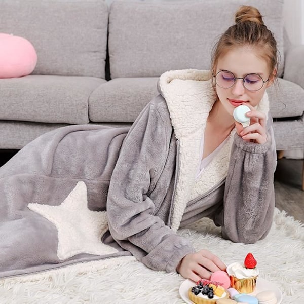 Dames Morgenkåbe - Grå - Hætteklædt Splejsning Tyk Koral Fleece L