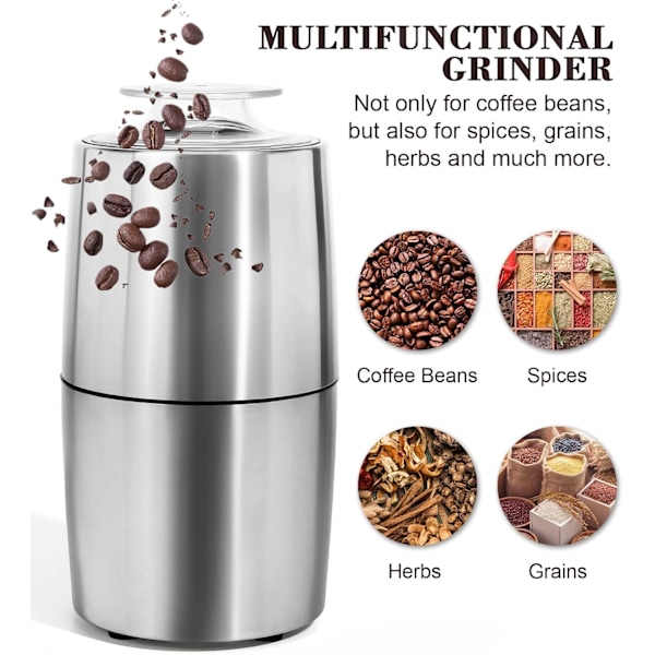 Kaffebønnekvern i rustfritt stål for kaffe, espresso, latte, mokka, ett-trykks kvern for urter, krydder, korn og mer