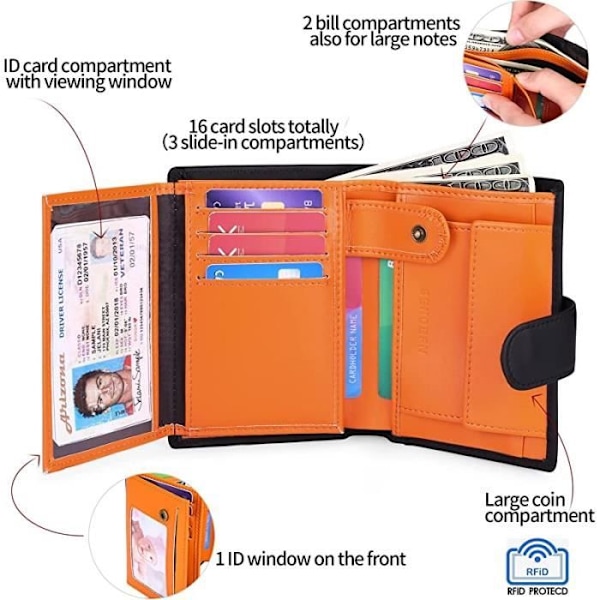 Læder Trifold Herre Pung - RFID-blokering - 19 Rum - SORT MED ORANGE