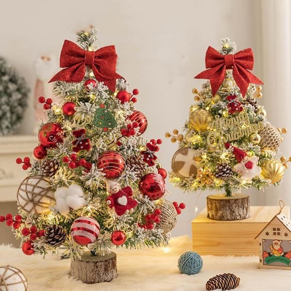 Mini skrivebordsjuletræ, 45 cm, mini skrivebordsjuletræ med LED-lys til julepynt i hjemmet (rød)