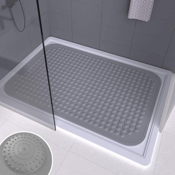 AIMOONSA Halkfri badrumsmatta PVC 88×58 cm – Grå, sugkoppar, dränering, maskintvättbar
