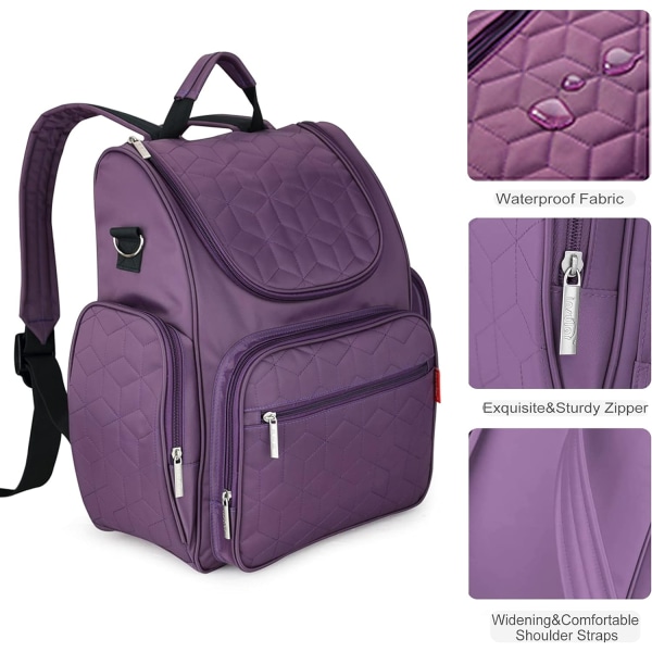 Skötväska Ryggsäck, Multifunktions Reseryggsäck, Vattentät skötväska för mammatjejer, Baby med stor kapacitet med barnvagnsremmar Purple