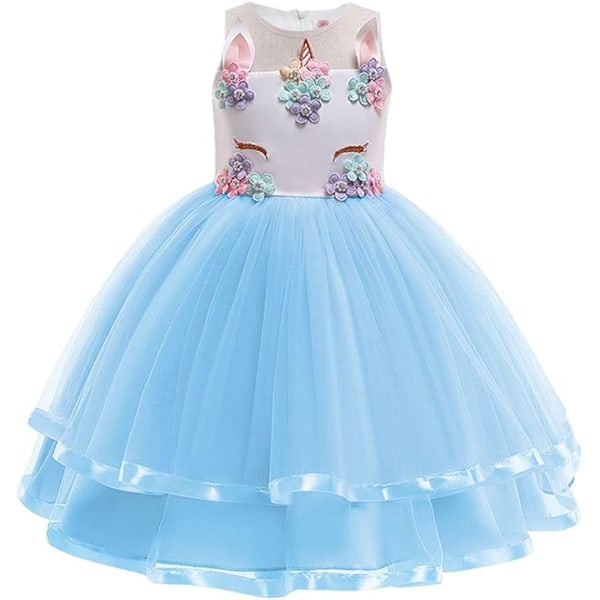 Barn Enhörningsdräkt Klänning, Flicka Enhörningskjol, Blommor Flicka Ärmlös Festkläder, Födelsedagskläder Festkläder Blue 110cm