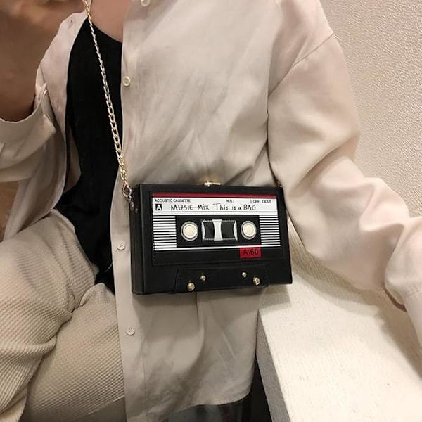 Kassettväska Retro Axelväska Damväska Kassettväska Disco Fest Dekoration 80-tal 90-tal Musik Handväskor för Kvinnor Flickor, Svart