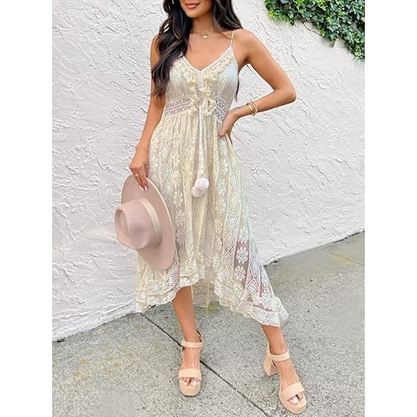 Sommer Slip Boho Maxikjole for Kvinner Snøring Dusk V-Hals Flare Ruffle Strandkjoler