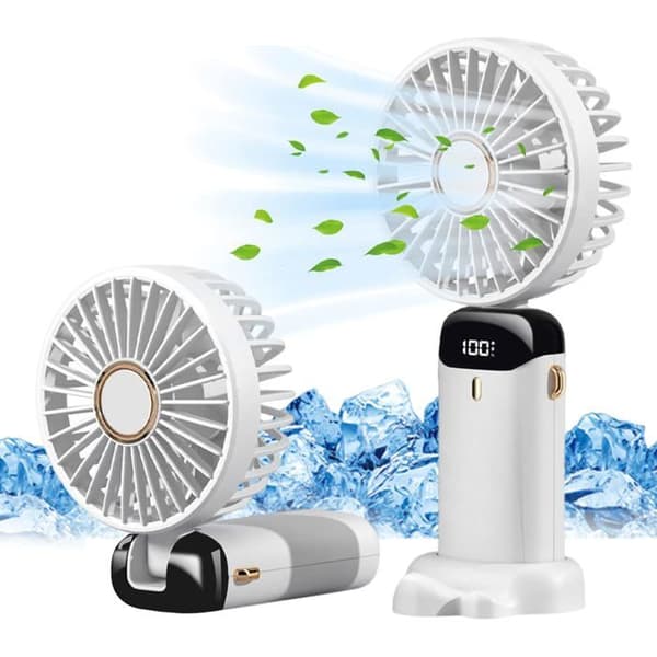 Bærbar ventilator, USB genopladelig, 5 hastigheder, foldbar, med LED-skærm (hvid)