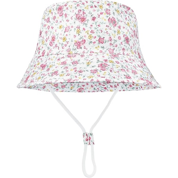 Baby Solhatt, Småbarn Bøttehatt, Sommerfiskehatter for Barn Gutter Jenter, Bredbremmet Strandhatt Dinosaur Fiskehatt med Hakestropp Pink Flower