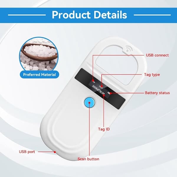 Husdjursspecifik Bluetooth RFID-chipavläsare - USB-laddning - Trådlös - Stöder FDX-B och EMID - 134,2KHz/125KHz OLED-skärm - Vit