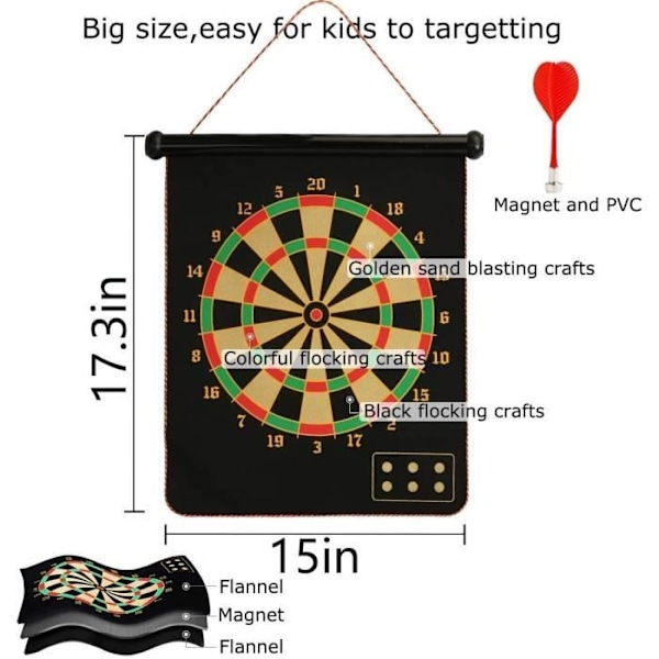 15 tum Magnetisk Darttavla med 6 Magnetiska Mjuka Dartpilar Dubbelsidig Darttavla Set för Barn/Vuxna