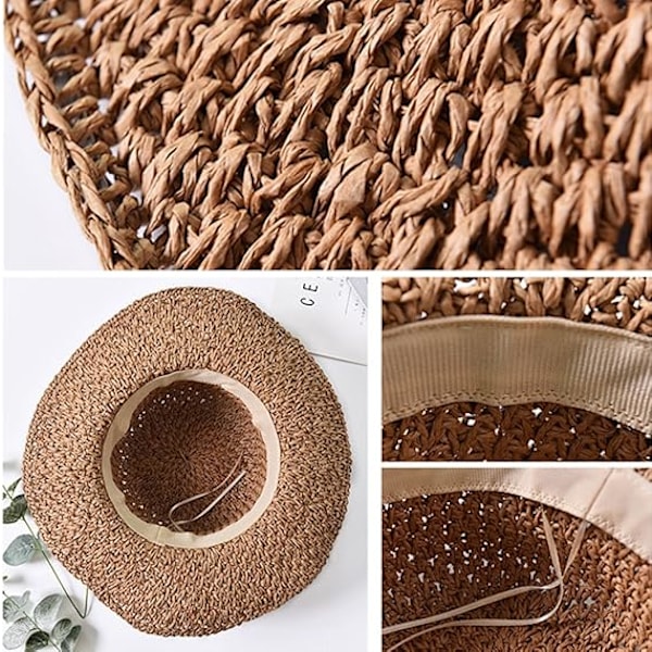 Solhatt i strå för damer, hopfällbar stråhatt med bred brätte, solhatt med rosett, justerbar strandhatt, elegant bucket hat, UPF 50 UV-skydd