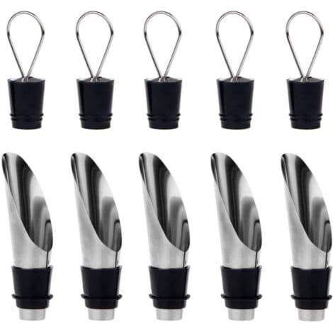 5-pack 2-i-1 flaskor i rostfritt stål med pip och luftningskanna med propp - Presentförpackning flaska och vinställ
