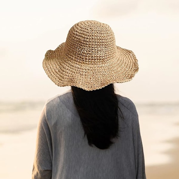 Strandhatt för damer, sommarstråhatt för damer, hopfällbar stråhatt med bred brätte, khaki sommarhatt