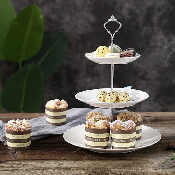 Vit Porslin 3-vånings Keramisk Kakfat Afternoon Tea Porslin Rund Display med Nya Beslag Silver