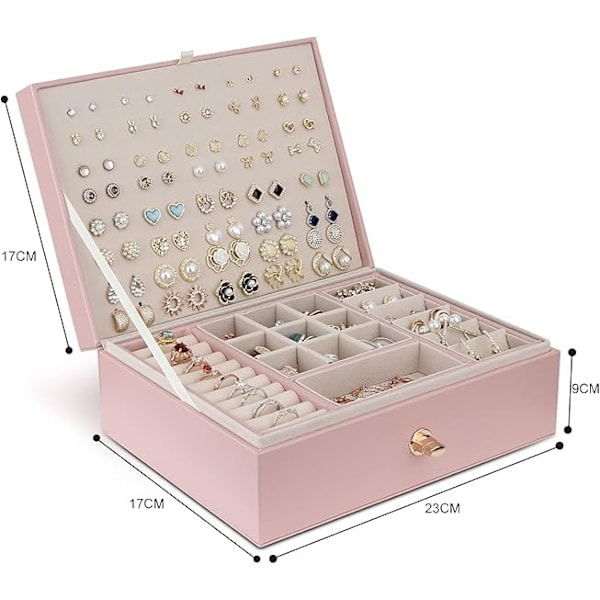 Smykkeskrin Organizer til Halskæde Øreringe Armbånd Ringe, Stor PU Læder Smykkeopbevaringsæske med 3 Stabelbare Lag Pink