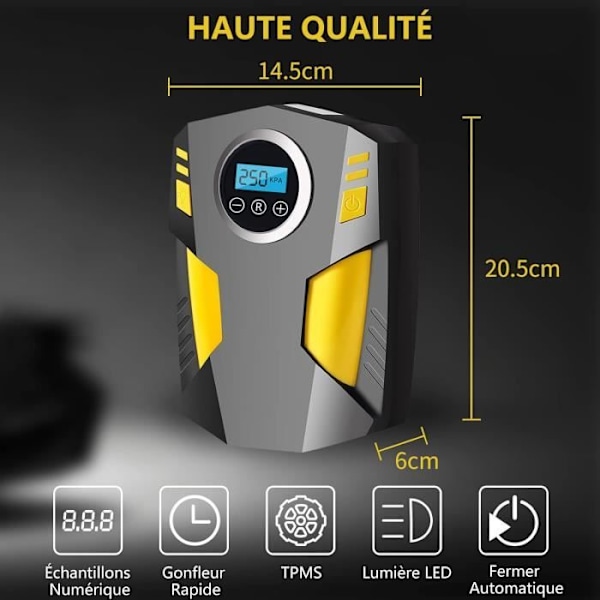 Kannettava digitaalinen auton rengaspumppu 3 suutinadapterilla ja digitaalisella LED-valolla, 12 V nopea sähköinen ilmapumppu