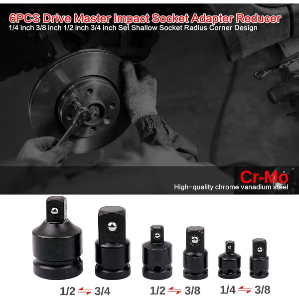 6-pak topnøgle adapter reducer til 1/4\", 3/8\", 1/2\", 3/4\" topnøgle konverter