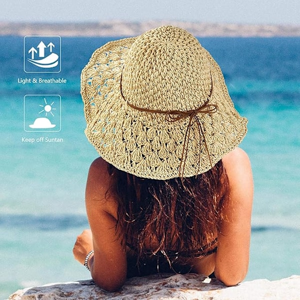 Stråhat til kvinder, solhat, sammenfoldelig strandhat med bred skygge, sommerhatte til kvinder