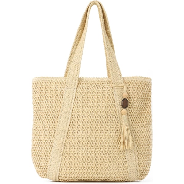 Skuldertasker i strå til kvinder piger Stråtasker Sommer Shoppers Vævet stråtaske til strandferie rejser Beige 02