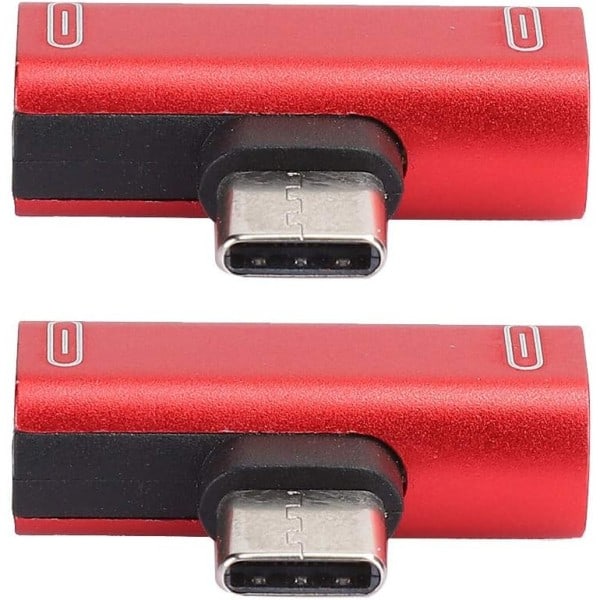 Adapter C-typ ljudladdare aluminium USB-C splitter laddning/samtal/fjärrkontroll/musik 2-i-1-omvandlare (röd) (2 st)