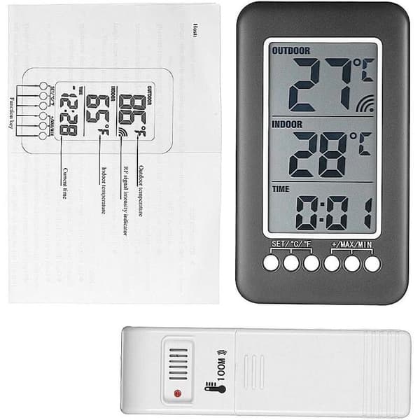Trådløst indendørs/udendørs termometer med digitalt ur, med udendørs sensor, smart LCD-display °C/°F