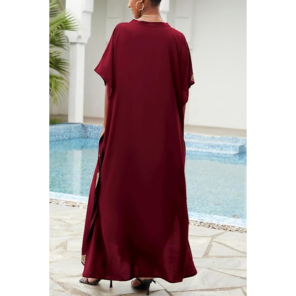 Kaftan med blomsterbroderi, boheme strandkjole, bikini coverup, lang strandkaftan til kvinder