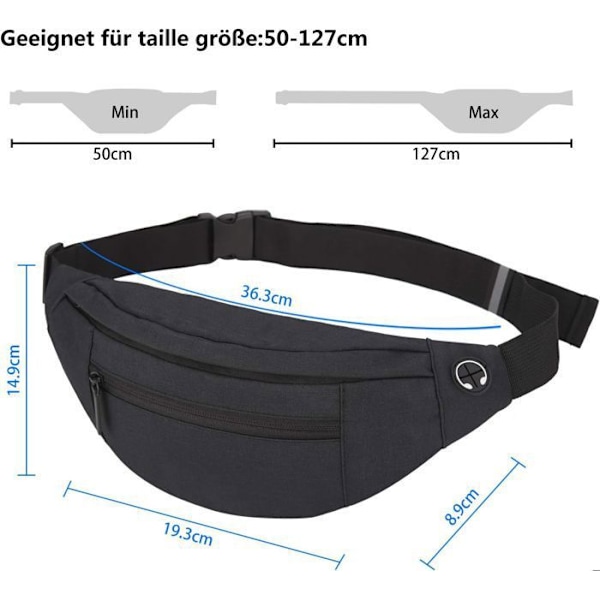 Vyölaukku miehille naisille unisex-vyölaukku kuulokeliitännällä ja 4 vetoketjutaskulla