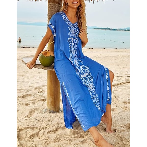 Dame Broderi Kortærmet Bikini Badedragt Cover Up Side Slids Strand Kaftan Kjole