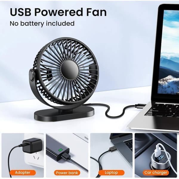 Bordventilator - Lille USB-ventilator - 3 hastigheder - Stille - 360° rotation
