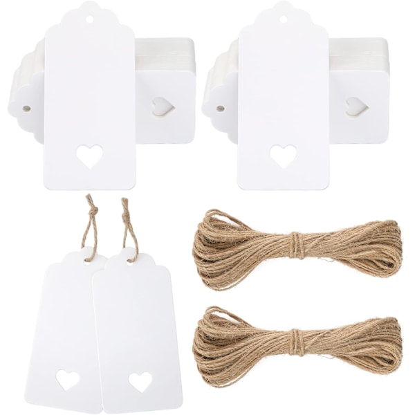 Hvide Gavemærker med Hjerte, 100 stk. Blanke Papirmærker med Snor, Gavemærker til Valentinsdag 4,5x9,5 CM Store Gaveetiketter til Bryllupsgaver White