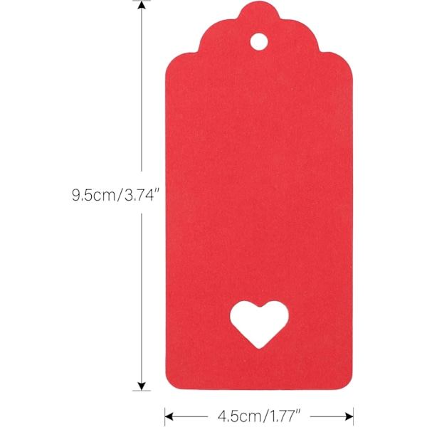 100 røde gavemærker 4,5 x 9,5 cm kraftpapir etiketter, 300 g/m² gavemærker hjerte med snor til bryllupsgaver til håndværk Red