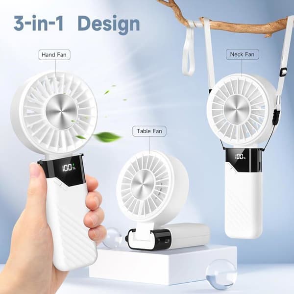 Mini bærbar ventilator, USB genopladelig, lydløs, 5 hastigheder, foldbar, til kontor og udendørs (hvid)