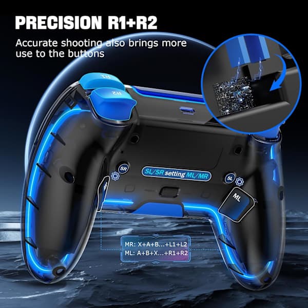 Trådløs PS4-kontroller med Hall 3D-joysticker/RGB LED-lys/programmeringsfunksjon, spillkontroller for PS4/Slim/P Blå