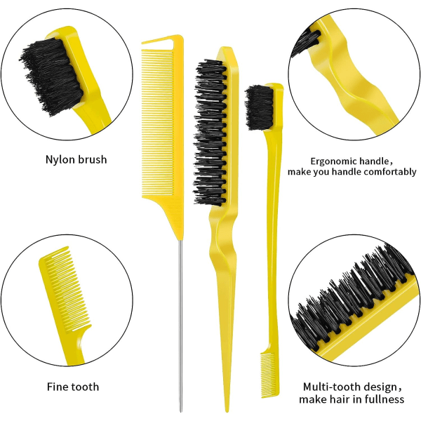 3-pack borste set för styling, borste med plastborst, kam för styling av kanter, robust kam med råttsvans