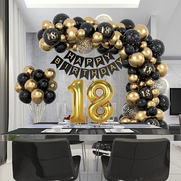 18 års fødselsdagsdekorationer, 18 års fødselsdagsfestdekorationer i sort guld, fødselsdagsballonbuesæt sort guldballon